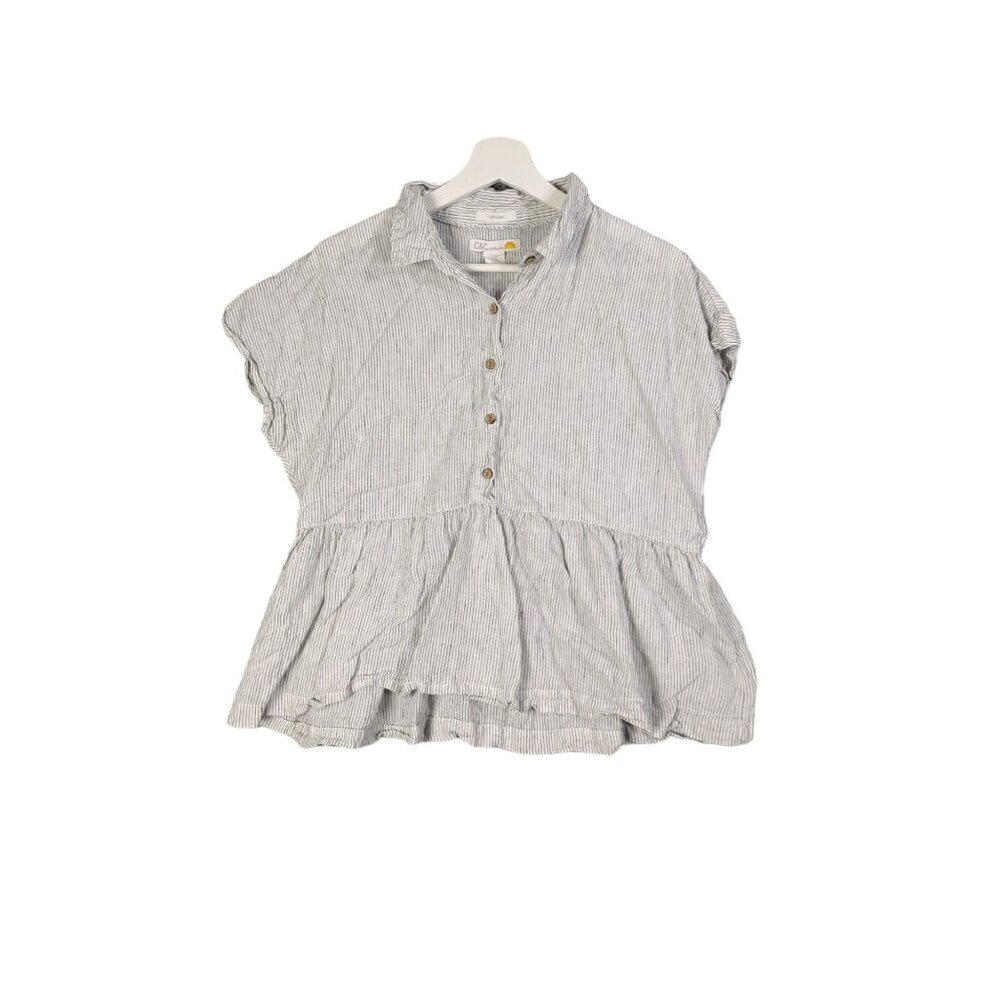 C&C CALIFORNIA Linen Babydoll Popover Top Women Size M Stripe Cap Sleeve Coastal